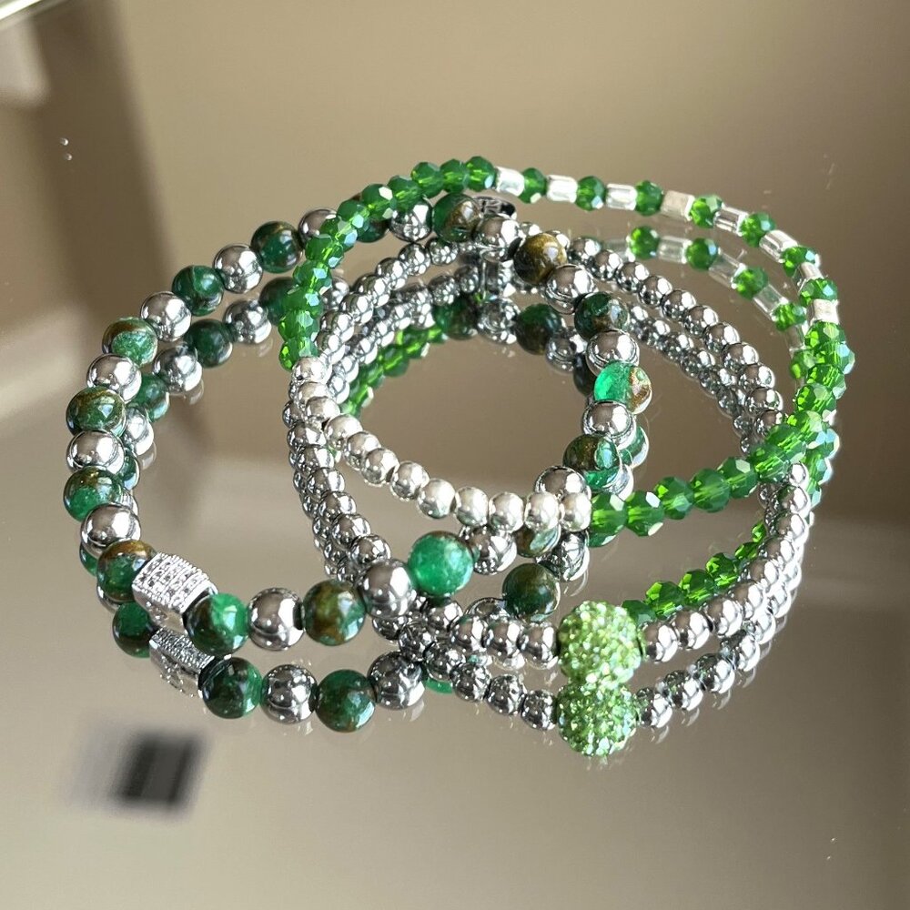 Rustic Cuff Stackable Stretch Bracelet Set Greens… - image 2